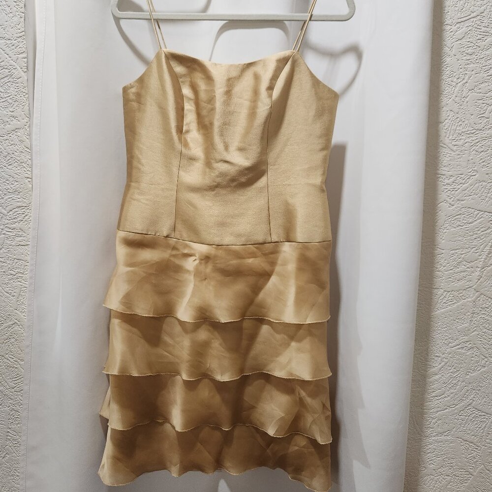 Elegant Champagne Gold corset body and tiered ruffle skirt silk gown dress
